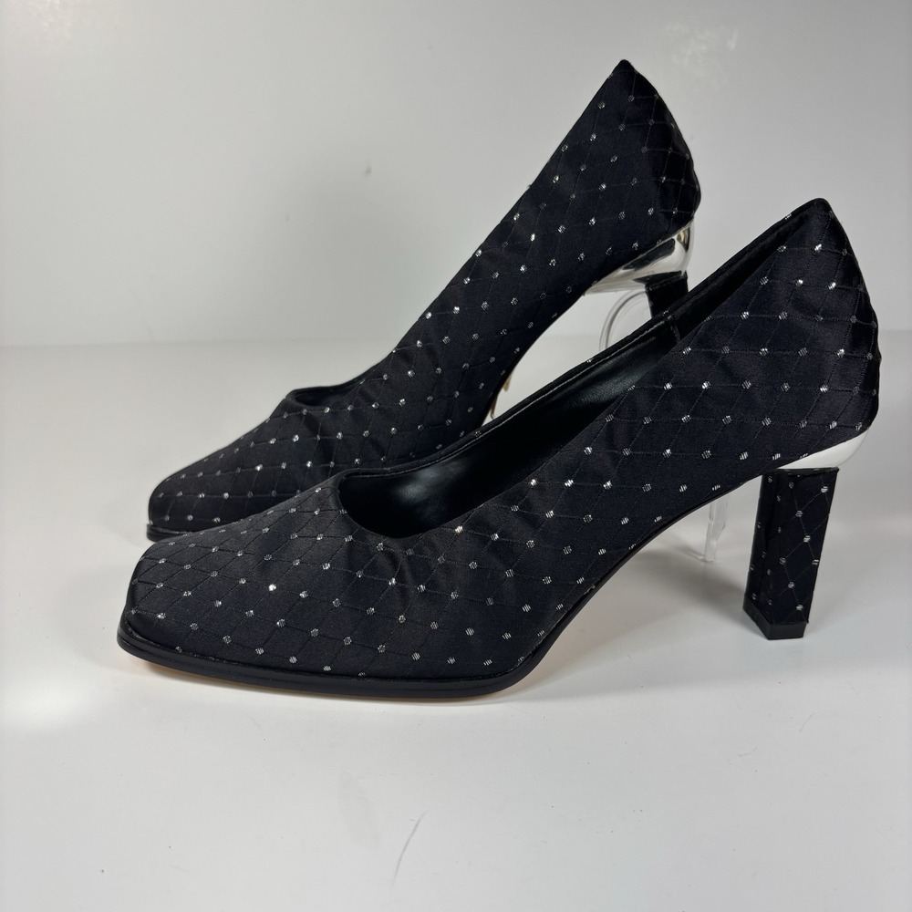 Black Textured Block Heel Pumps Silver Details Chic Minimalist Office Y2K 7